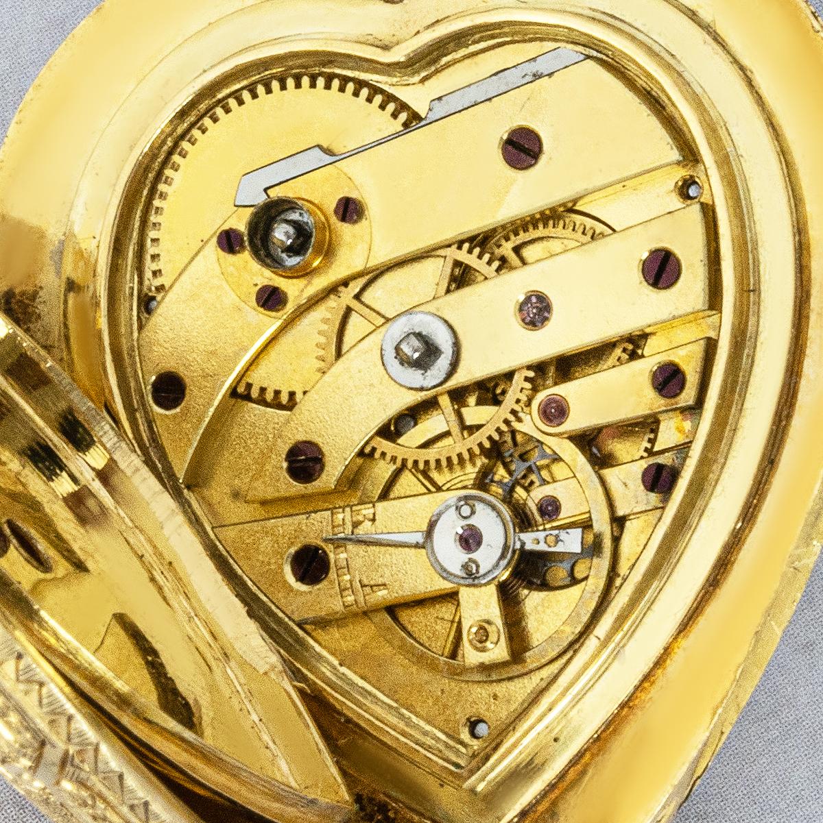 A Gold Emerald & Diamond Heart Shape Pendant Watch C1840 1