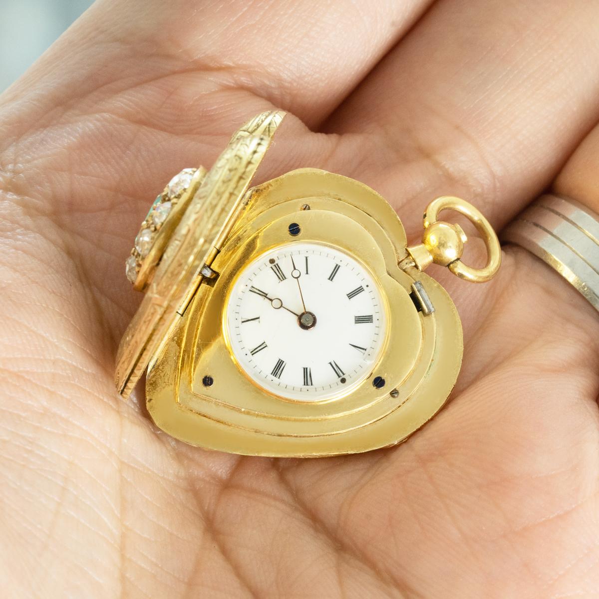 A Gold Emerald & Diamond Heart Shape Pendant Watch C1840 4