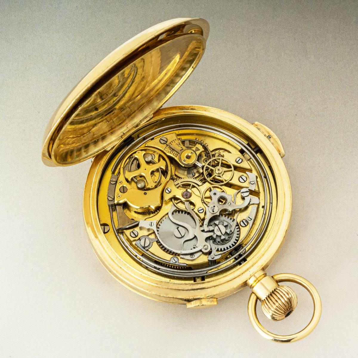 A Gold Full Hunter Quarter Repeater Calendar Chronograph Pocket Watch C1900 For Sale 6