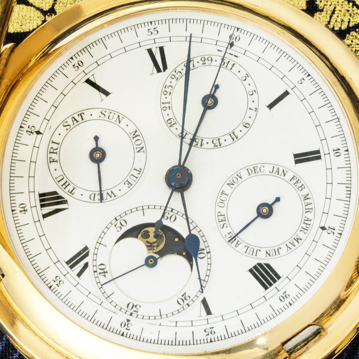A Gold Full Hunter Quarter Repeater Calendar Chronograph Pocket Watch C1900 In Good Condition For Sale In London, GB