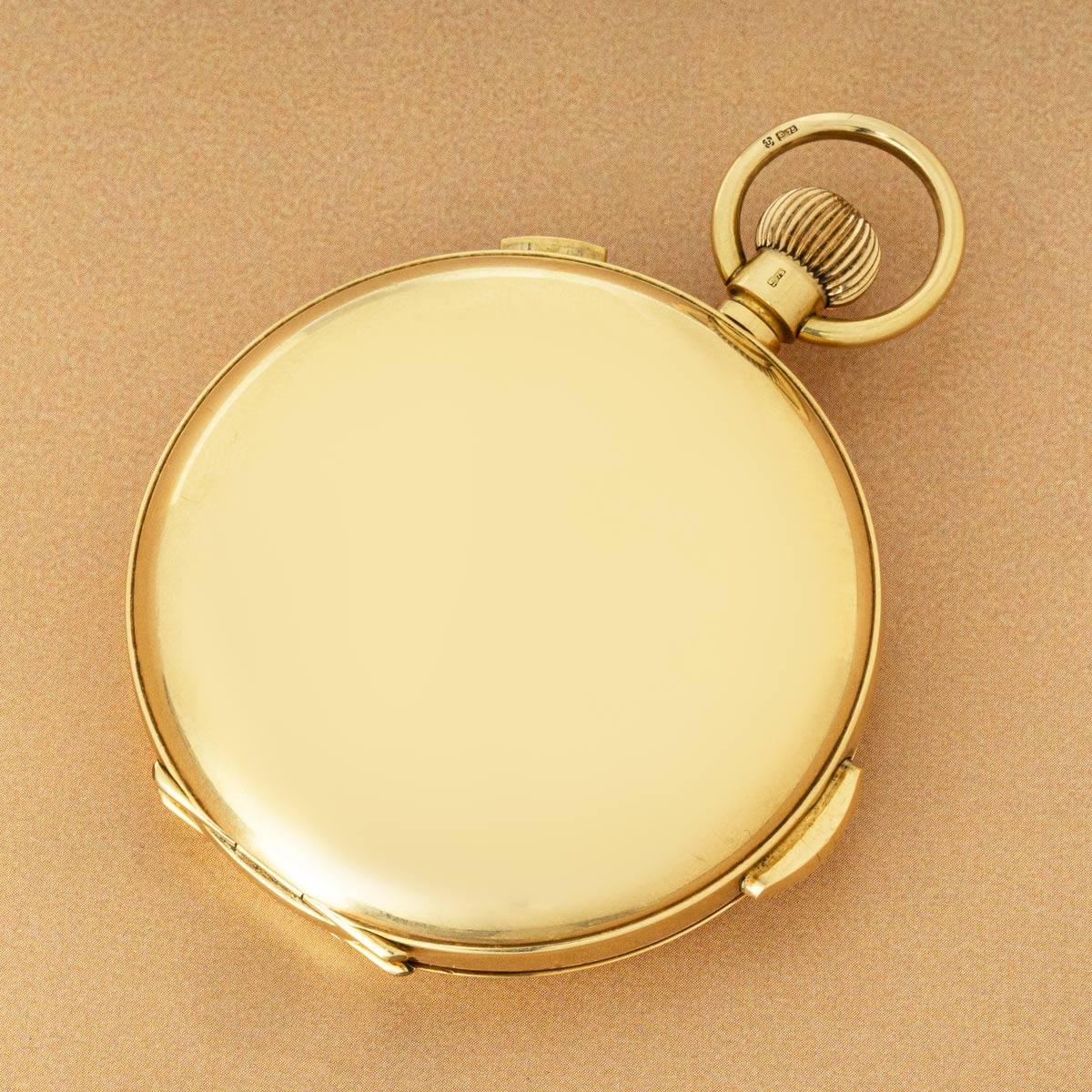 A Gold Full Hunter Quarter Repeater Calendar Chronograph Pocket Watch C1900 For Sale 4
