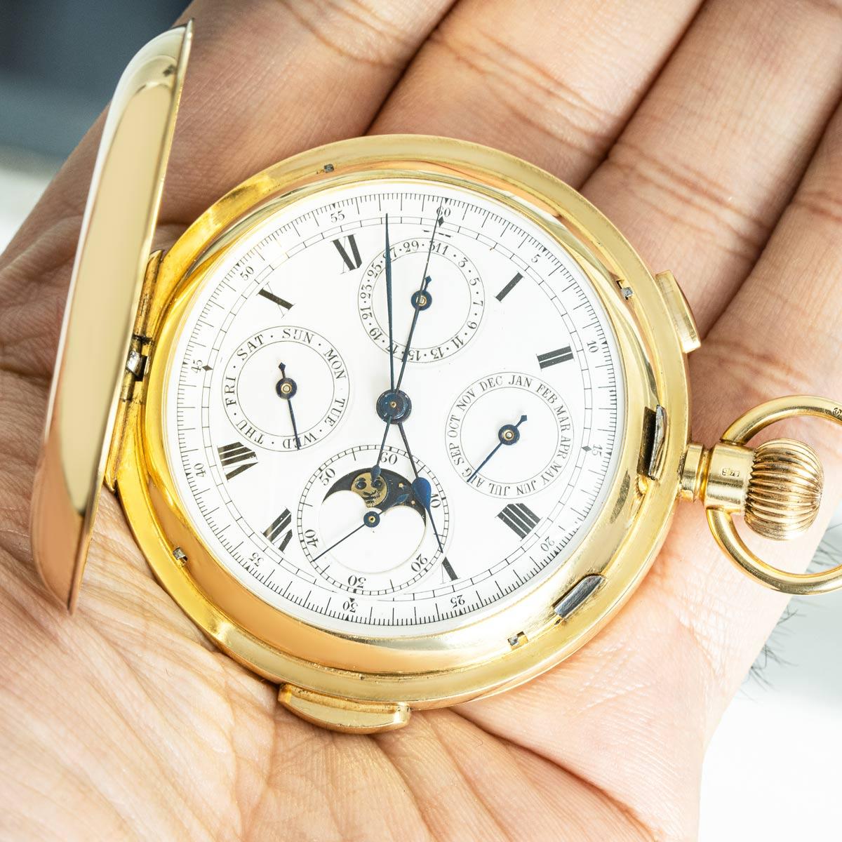 A Gold Full Hunter Quarter Repeater Calendar Chronograph Pocket Watch C1900 For Sale 5