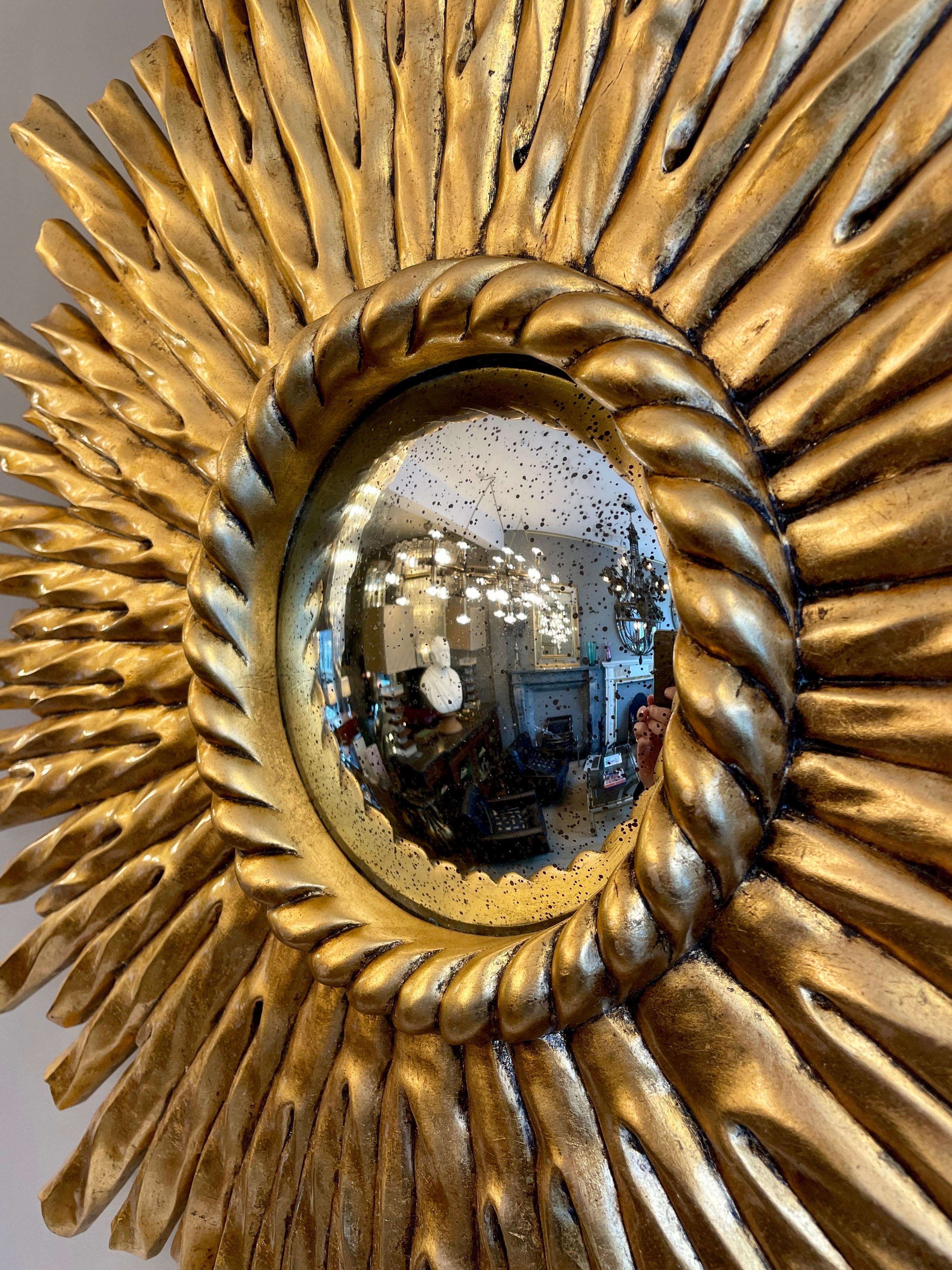 Contemporary Gold Gilt Sunburst Convex Mirror