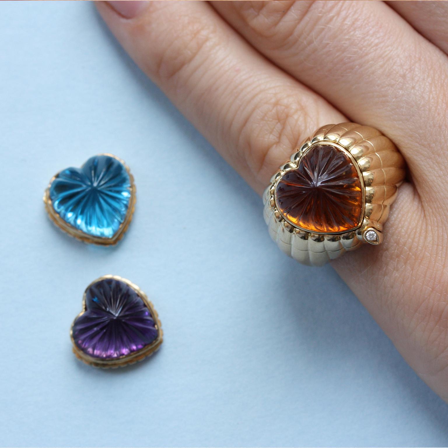 Gold Hear Shaped Ring Amethyst, Citrine or Blue Topaz In Excellent Condition In Amsterdam, NL