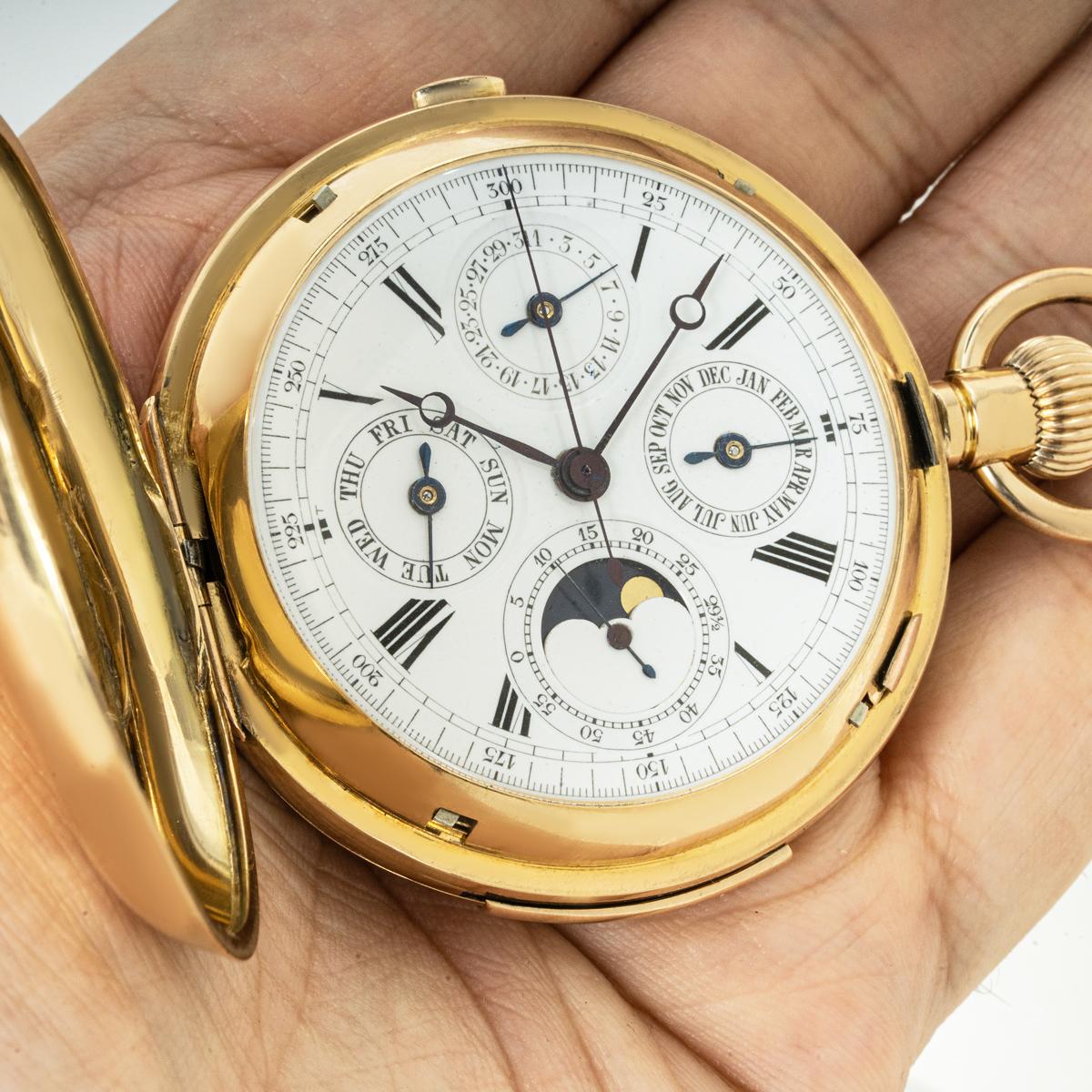 A Gold Minute Repeater Calendar Chronograph Hunter Pocket Watch C1890s For Sale 4