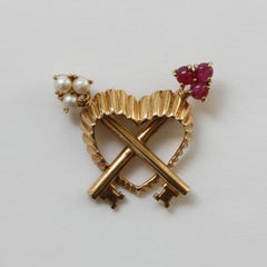 Gold, Pearl and Ruby Key to My Heart Brooch