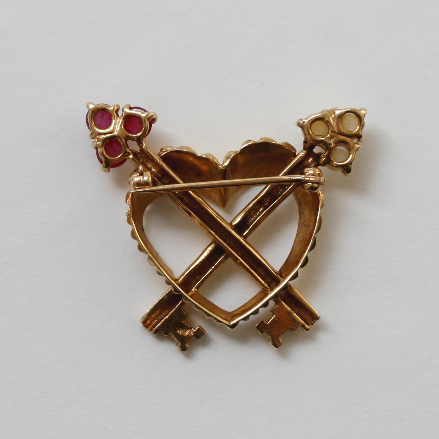 Women's or Men's Gold, Pearl and Ruby Key to My Heart Brooch