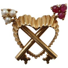 Vintage Gold, Pearl and Ruby Key to My Heart Brooch