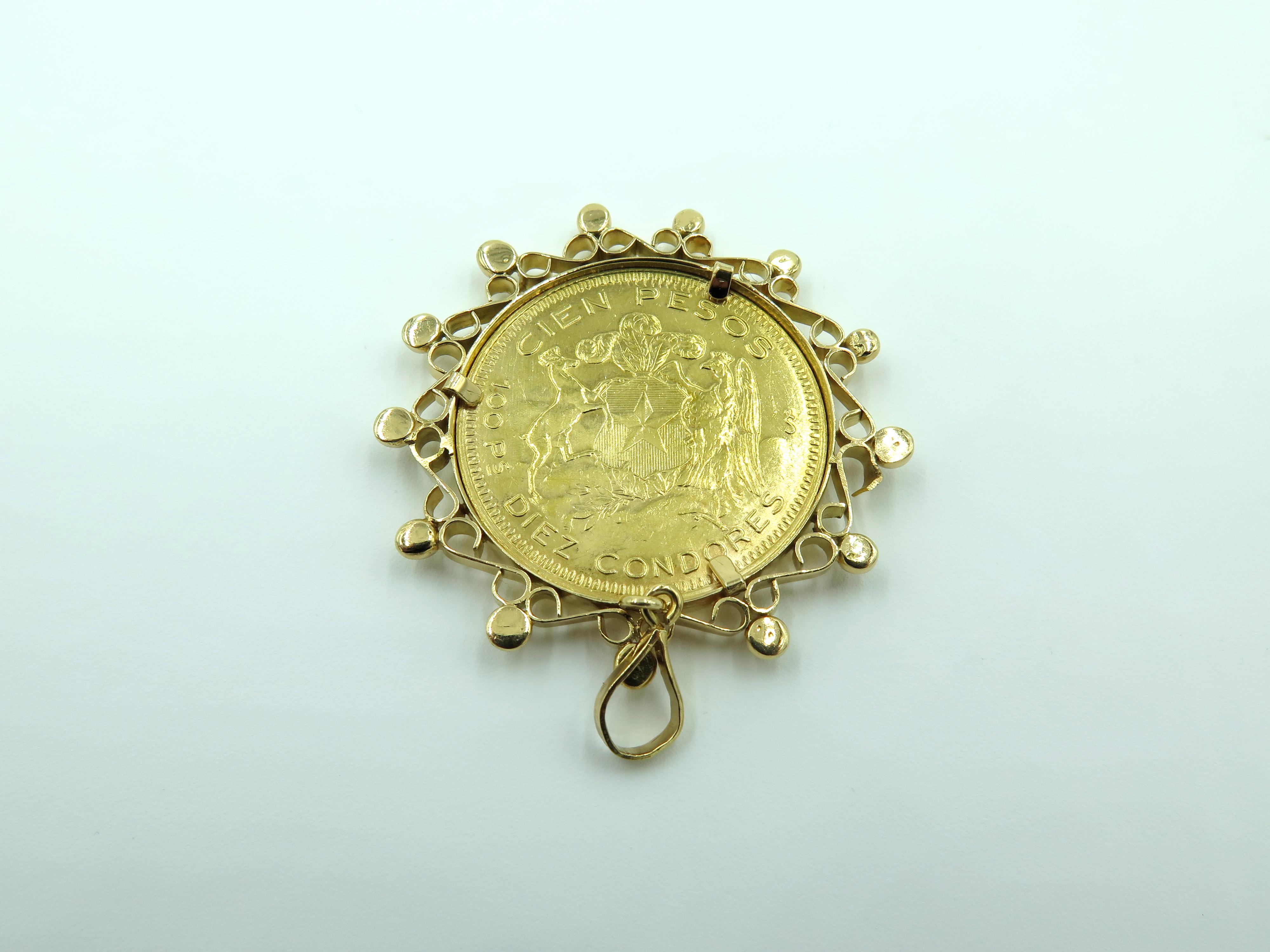 A 22 karat yellow gold Republica De Chile coin, pendant, dated 1946, within a scrolling and beaded 18 karat goold frame. Diameter is approximately 1 3/4 inches, gross weight is approximately 29.6 grams. 