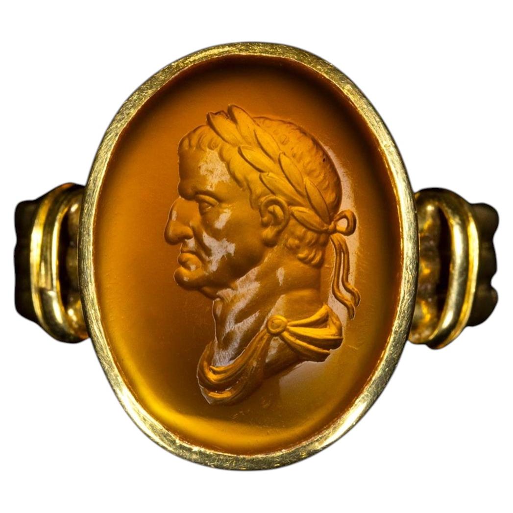 A gold ring set with a 18th century carnelian intaglio. Bust of Emperor Galba. For Sale
