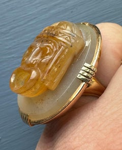 A Gold Ring set with an Italian Agate Cameo — Theatrical Tragic Mask