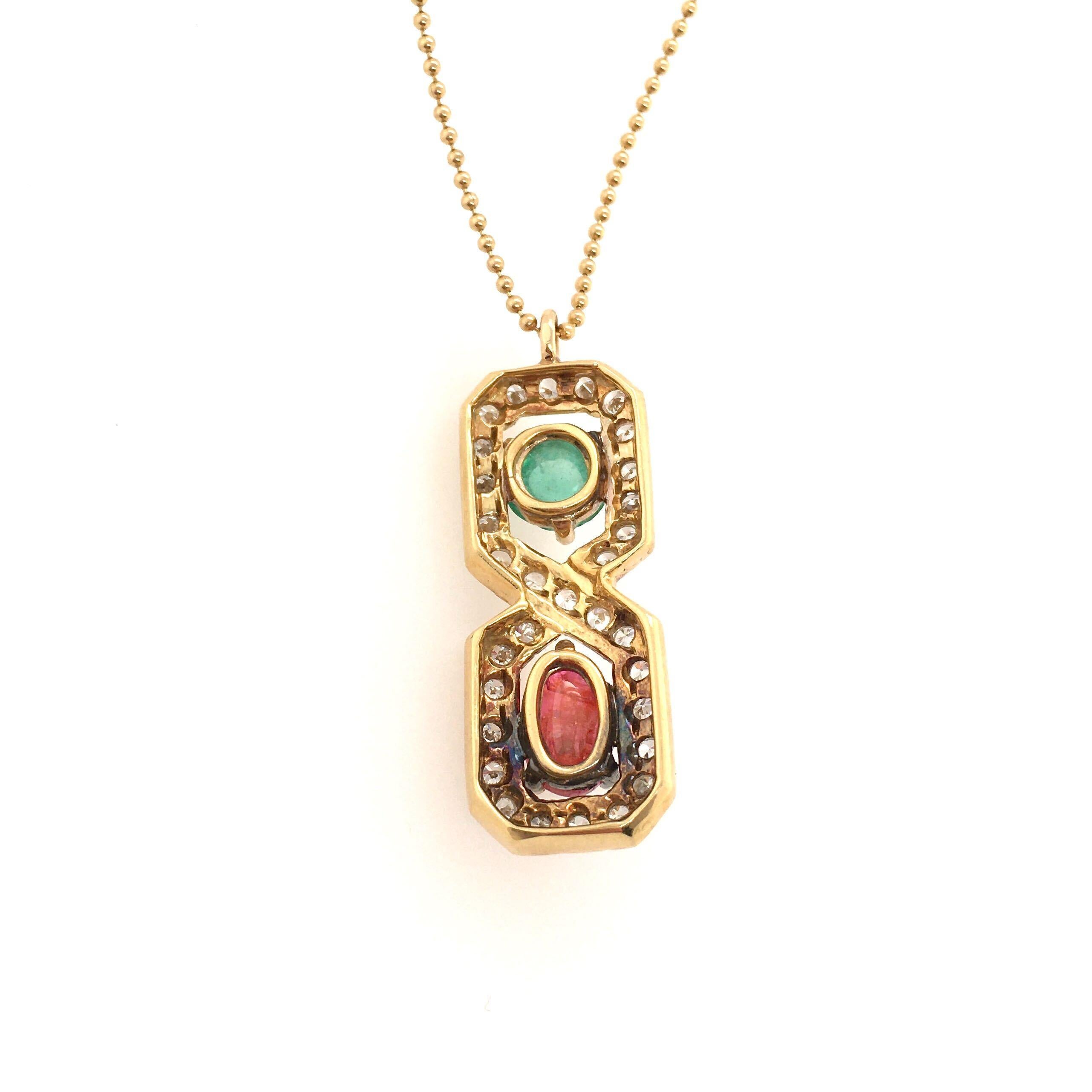 Emerald Cut Gold, Ruby, Emerald and Diamond Pendant Necklace