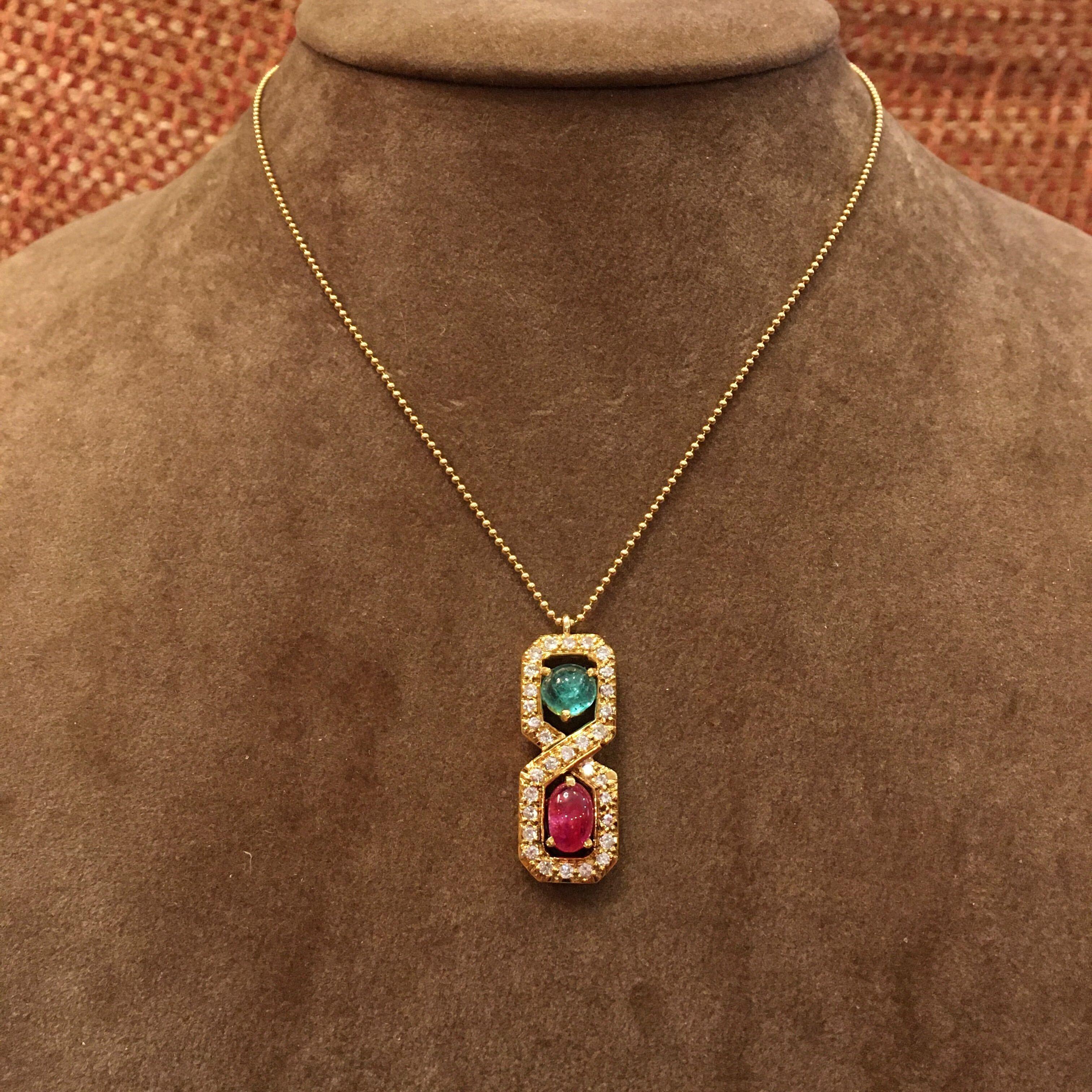 Gold, Ruby, Emerald and Diamond Pendant Necklace In Excellent Condition In New York, NY
