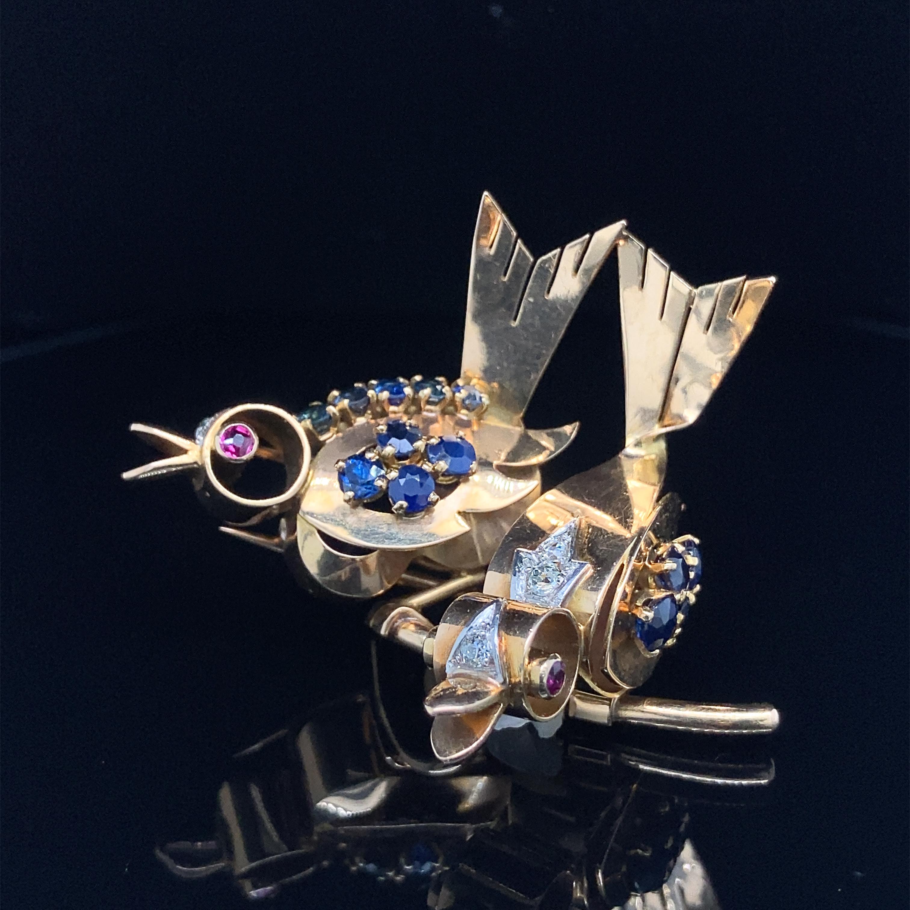 Round Cut A Gold Sapphire, Ruby and Diamond Bird Brooch attributed to Mauboussin For Sale
