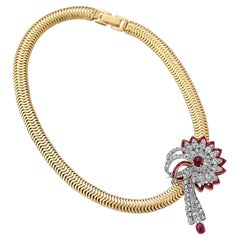 Gold Tubogas Necklace with a Ruby & Diamond Brooch