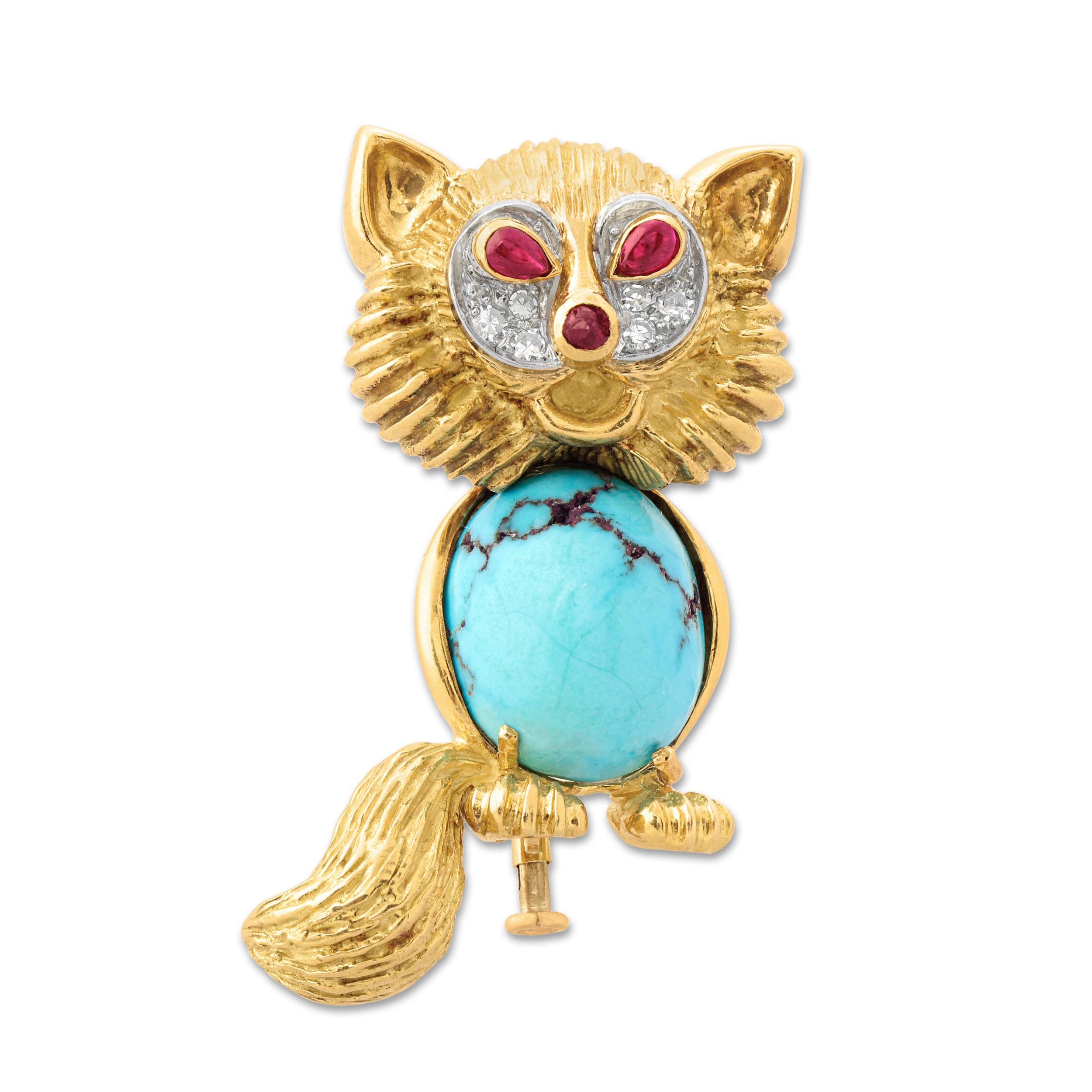 Sugarloaf Cabochon A Gold, Turquoise & Diamond Cat Brooch by Cartier