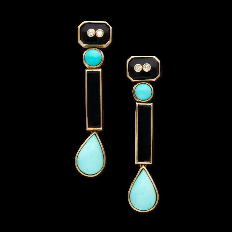 - Each composed of a pear-shaped cabochon and a round-shaped cabochon turquoise, a rectangular and 
   emerald-shaped onyx and 2 single cut diamonds.
 - Diamonds weighing a total of approximately 0.15 carat
 - Length 2 1/4 inches - Total 16 grams