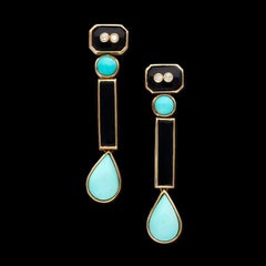 A Gold Turquoise, Onyx and Diamond Drop Earings