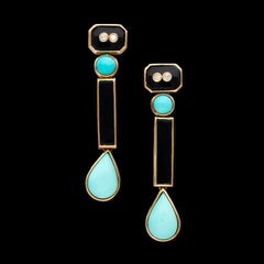 A Gold Turquoise, Onyx and Diamond Drop Earings 