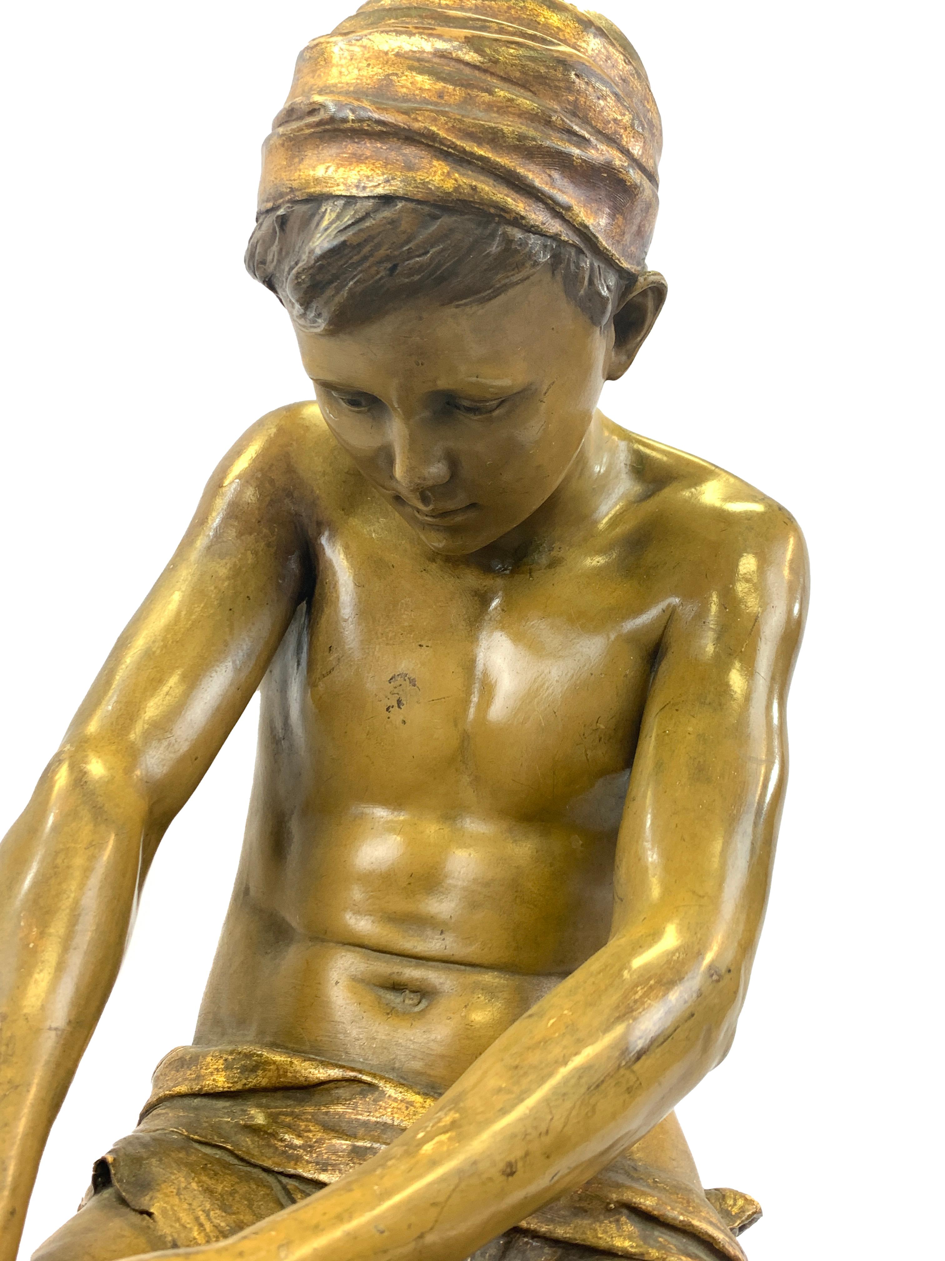Goldscheider Painted Terracotta Figure of a Young Boy In Good Condition For Sale In London, GB