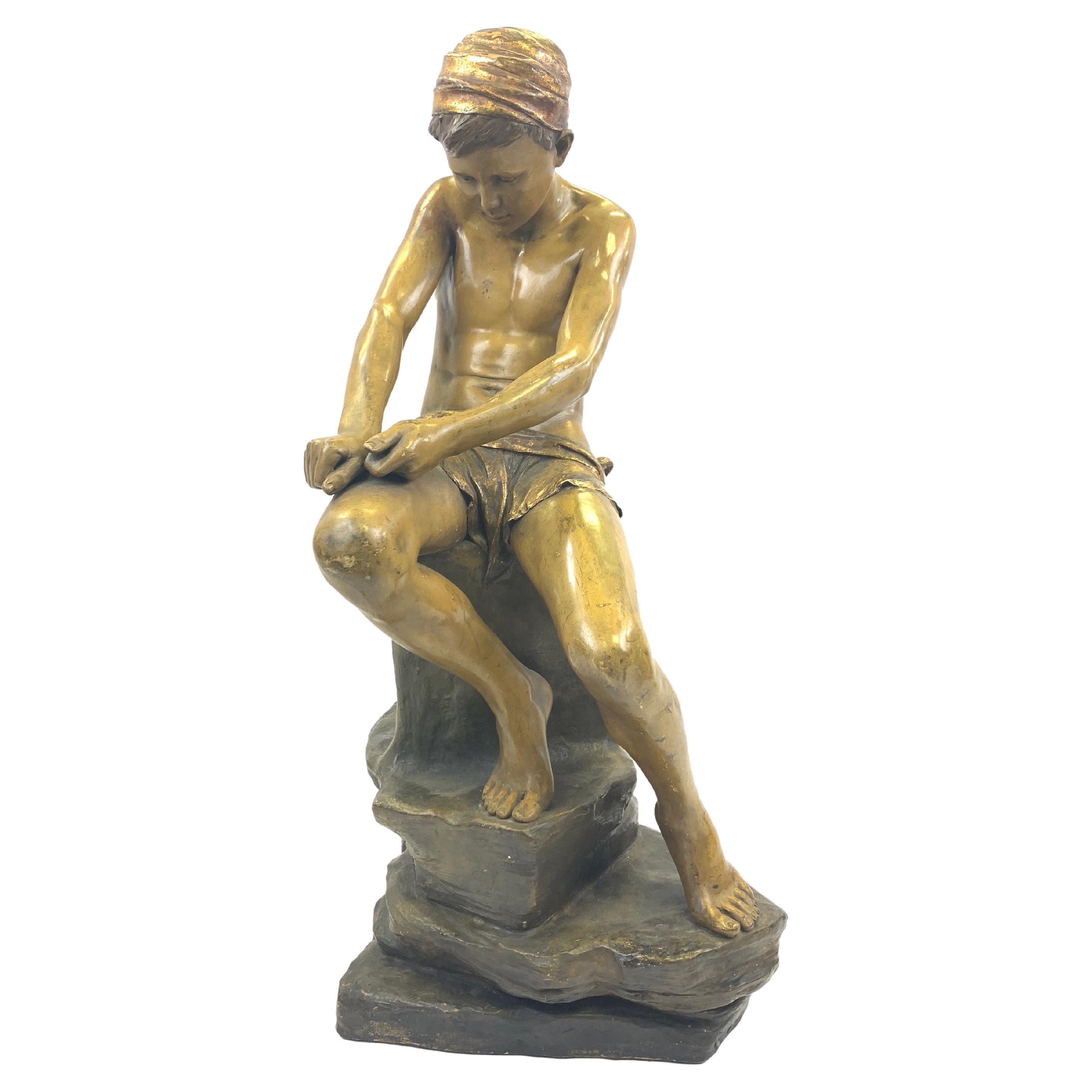 Goldscheider Painted Terracotta Figure of a Young Boy For Sale