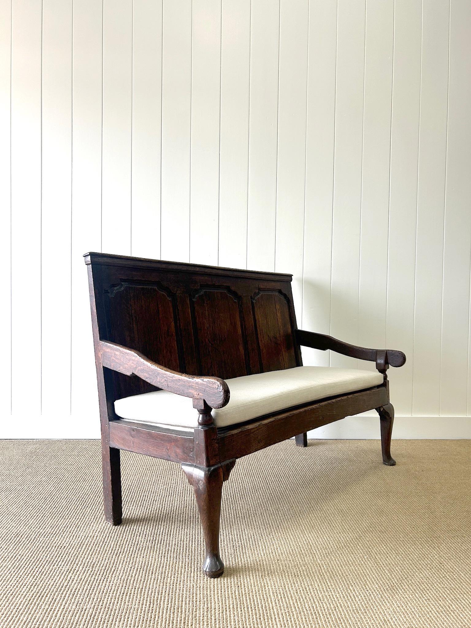 Victorian A Good 19th Century English Oak Settle with Freshly Upholstered Seat For Sale