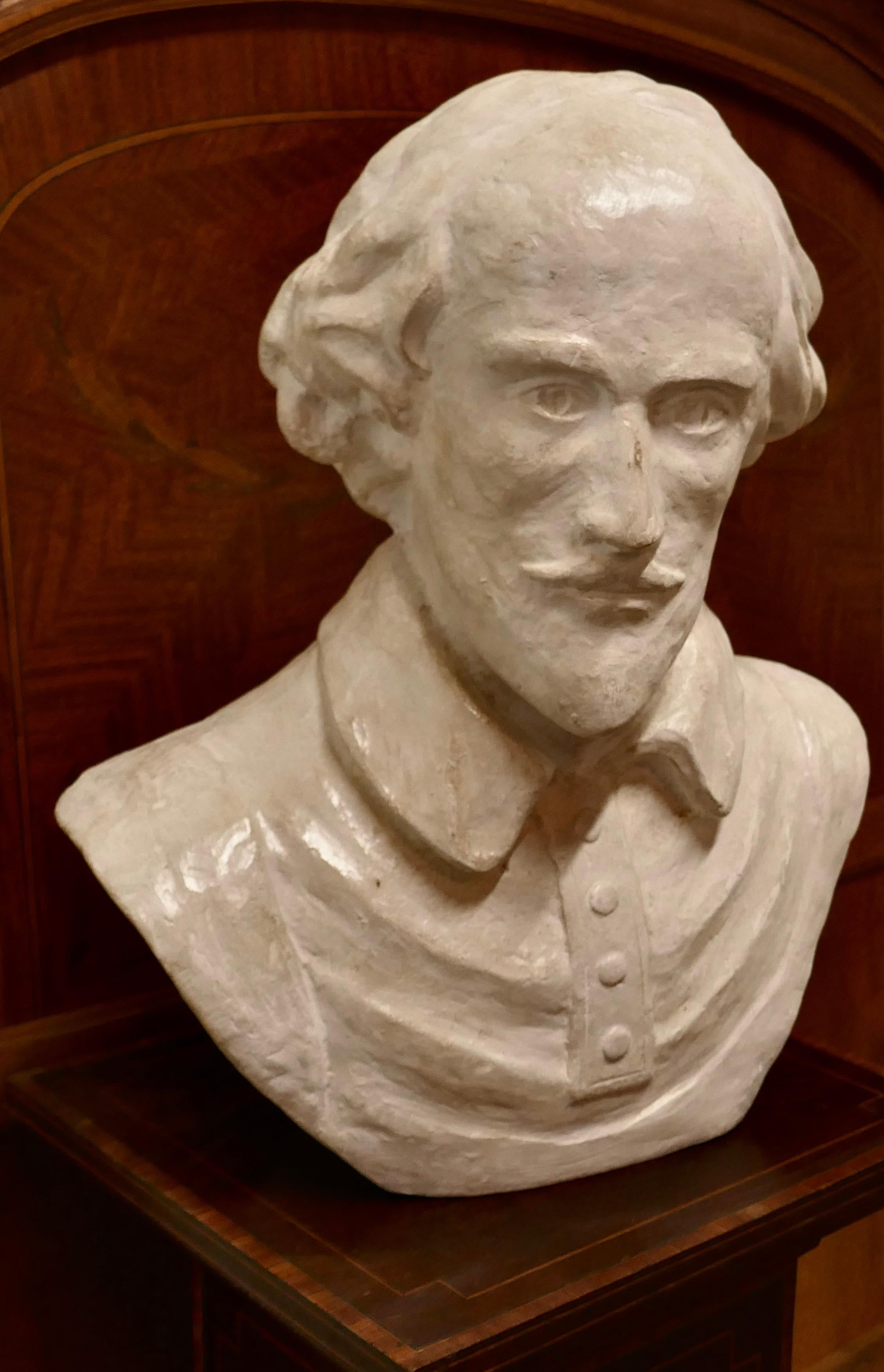 A Good Large Bust of William Shakespeare

A Good Large Bust of William Shakespeare, this is a good quality bust, it is made in plaster and has a good patina 
This is an elegant likeness of the Bard in his middle years
The Statue is 19” high and