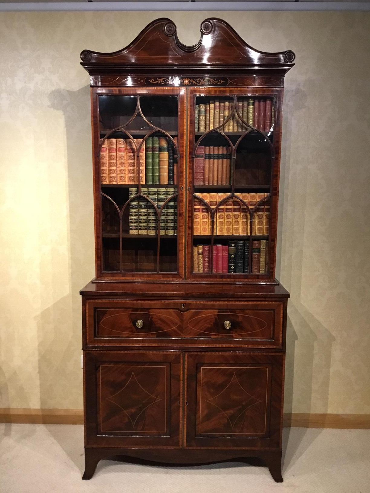 Good Mahogany Inlaid Edwardian Period Secretaire Bookcase 4