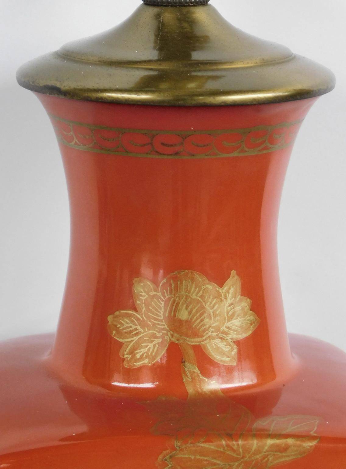 Good Pair of Chinese 1960's Red-Orange Glazed Lamps with Gilt Decoration For Sale 1