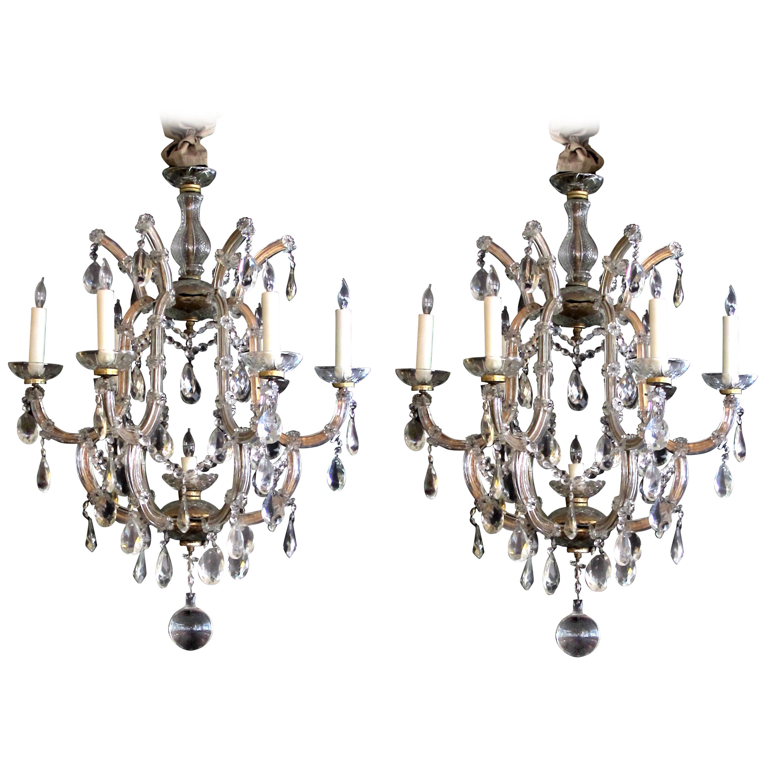 Good Pair of Continental Maria Theresa Basket-Form Glass & Crystal Chandeliers For Sale