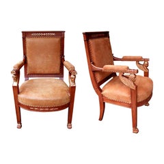 A Good Pair of French Empire Armchairs with Sphinx-Head Motifs