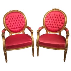 Good Pair of  French Louis XVI Style Giltwood Carved Fauteuils
