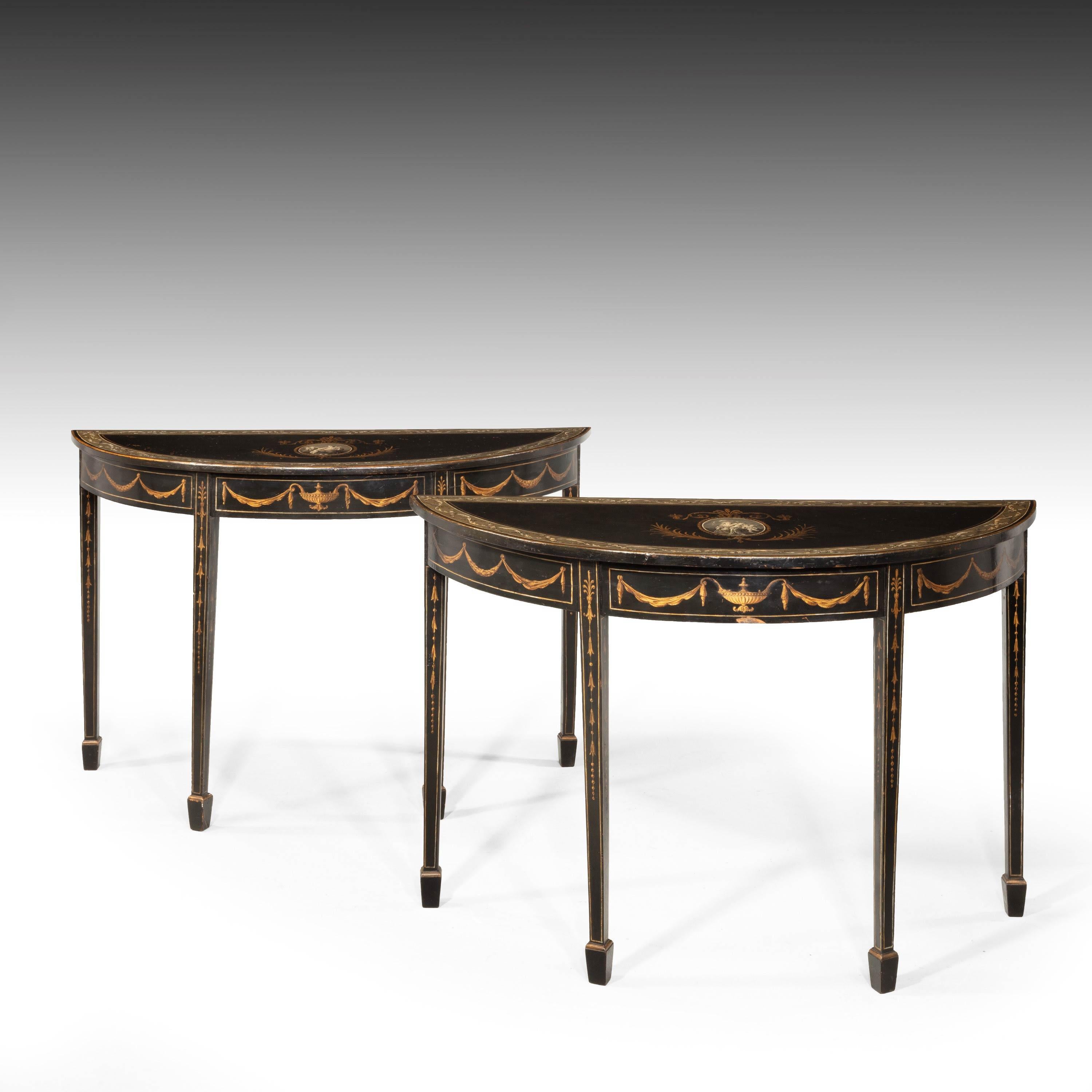 A good pair of very late George III period painted demilune pier tables. With finely executed neoclassical decoration in swags and cameo's.
 