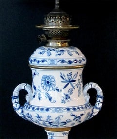 Good Pair of Meissen Blue Onion Pattern Oil Lamps Now Electrified