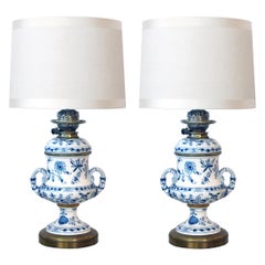 Good Pair of Meissen Blue Onion Pattern Oil Lamps Now Electrified
