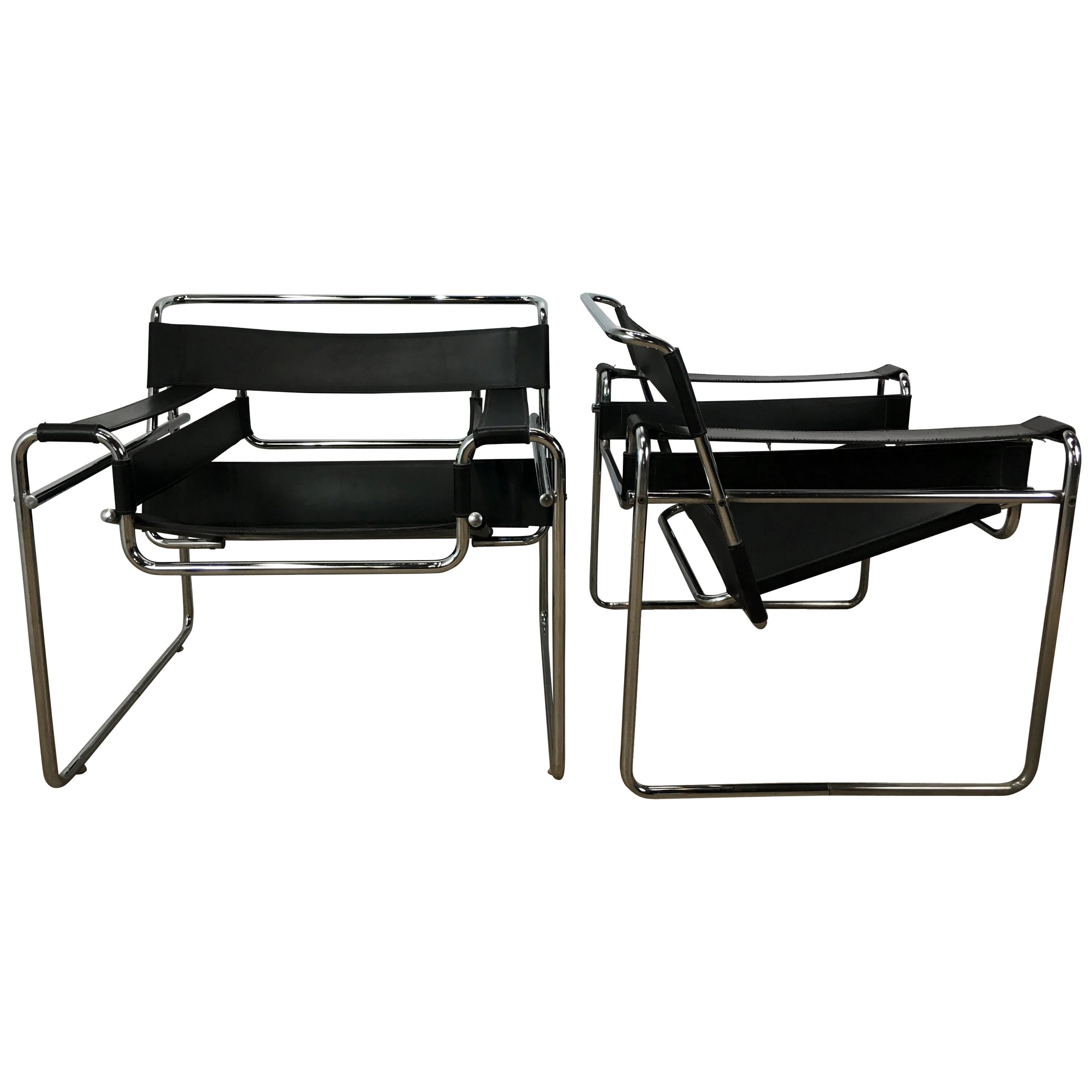 Good Pair of Vintage Black Leather and Chrome B-3 Wassily Chairs