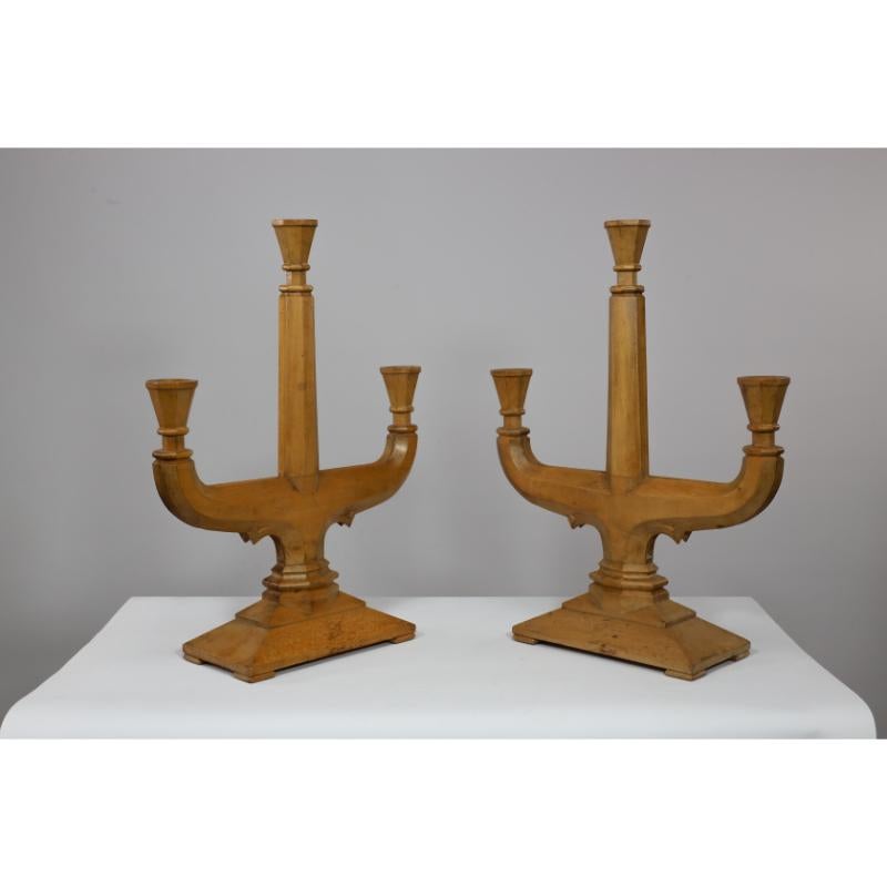 A good quality pair of subtle Gothic Revival candelabras hand carved from beech. Skillfully hand carved and sculptured in three parts.
