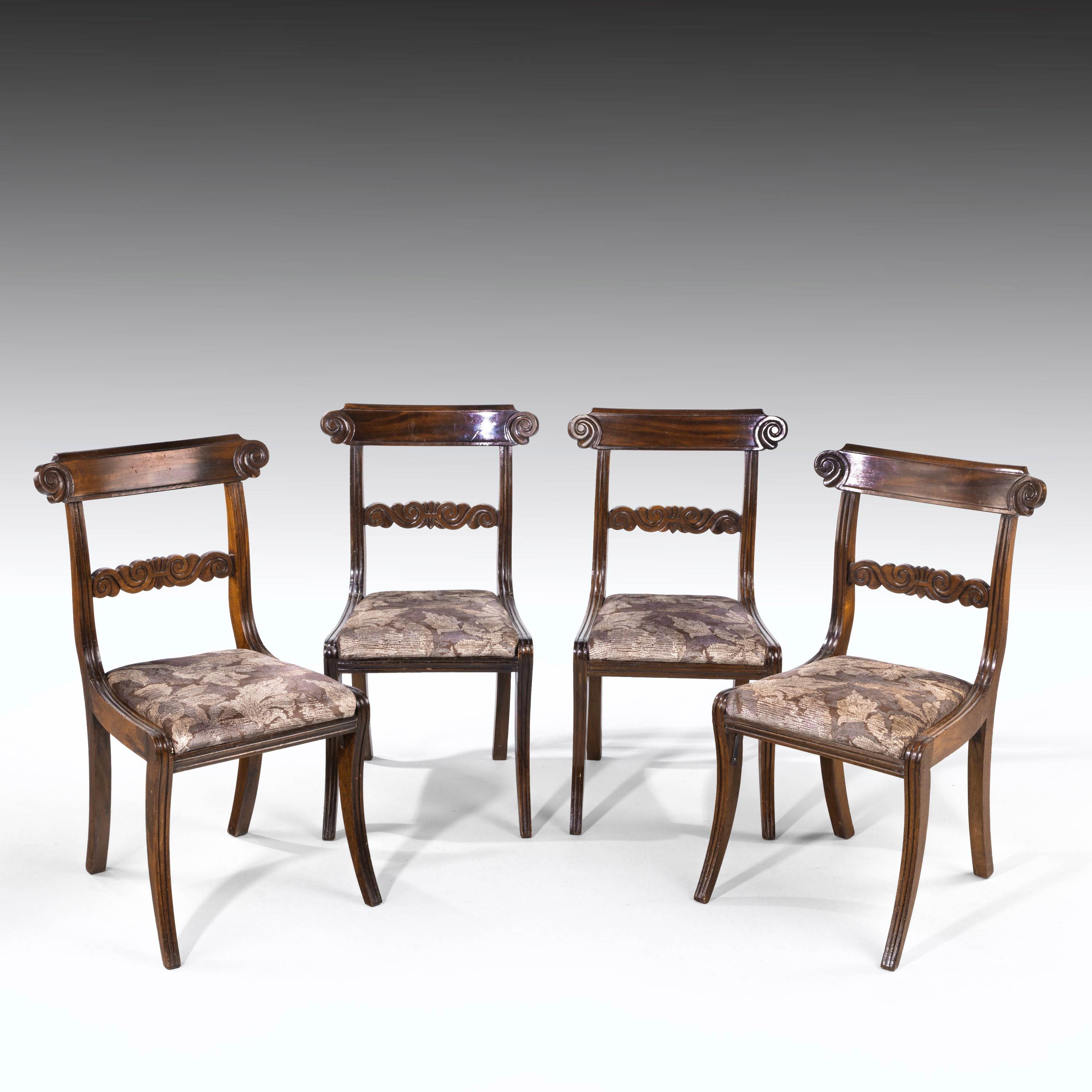 A good and original set of Regency period sabre legged mahogany framed chairs. The backs with scrolled details to the top splat. Reeded throughout the uprights.
Measures: Seat height 18