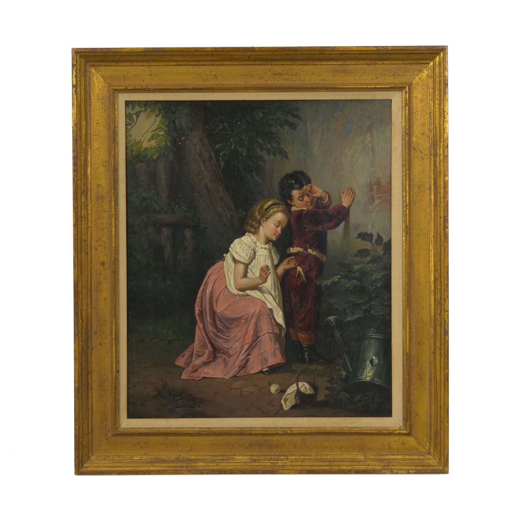 A charming little 19th century scene depicting an older sister taking care of her distressed younger brother, she kneels in her clean dress to get a good angle from which to sew his torn pants. The painting is unsigned and likely of British origin