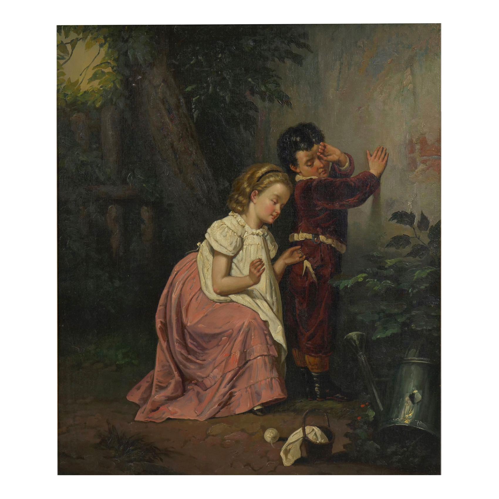 “A Good Sister” Antique Oil Painting, British School, 19th Century
