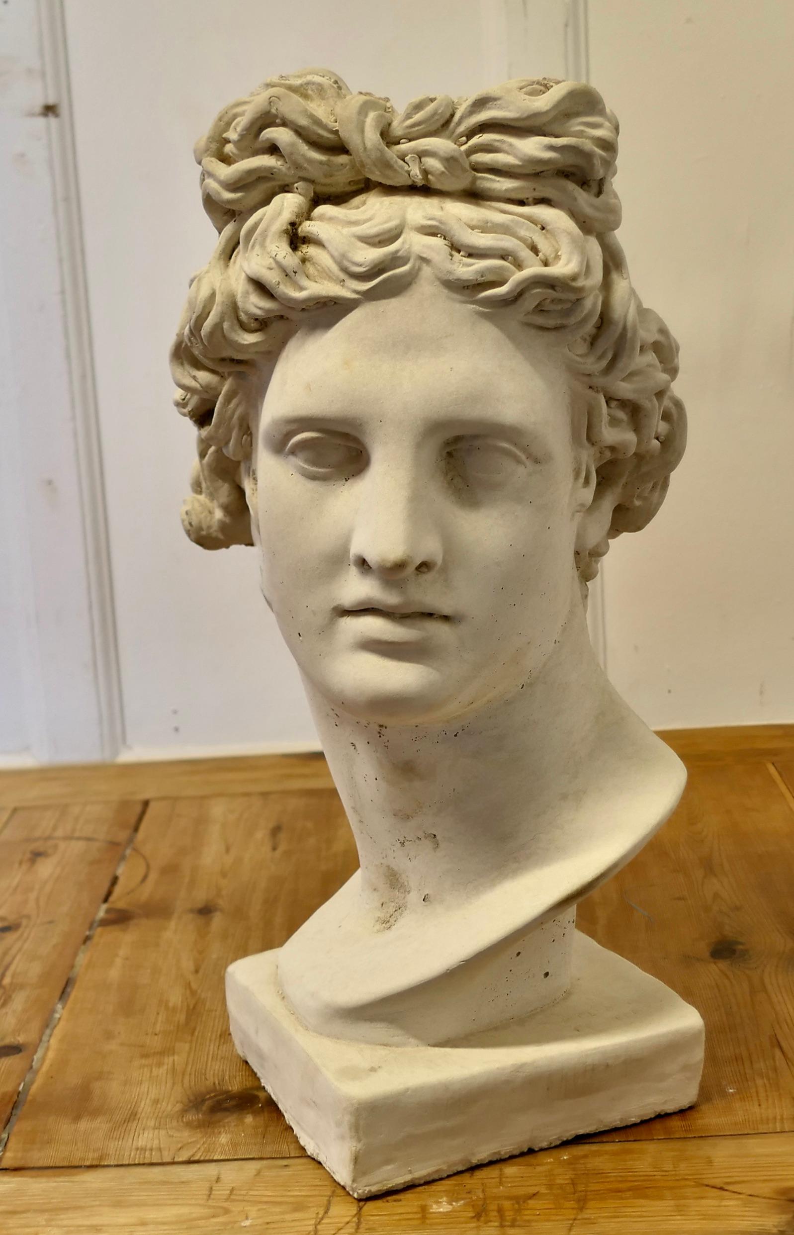 Un bon grand buste d'Apollo légèrement usé par les intempéries

Il s'agit d'un beau buste, qui a été exposé à l'extérieur et qui présente donc un aspect légèrement altéré. C'est une pièce qui a une bonne présence.

La statue mesure 21 pouces de haut