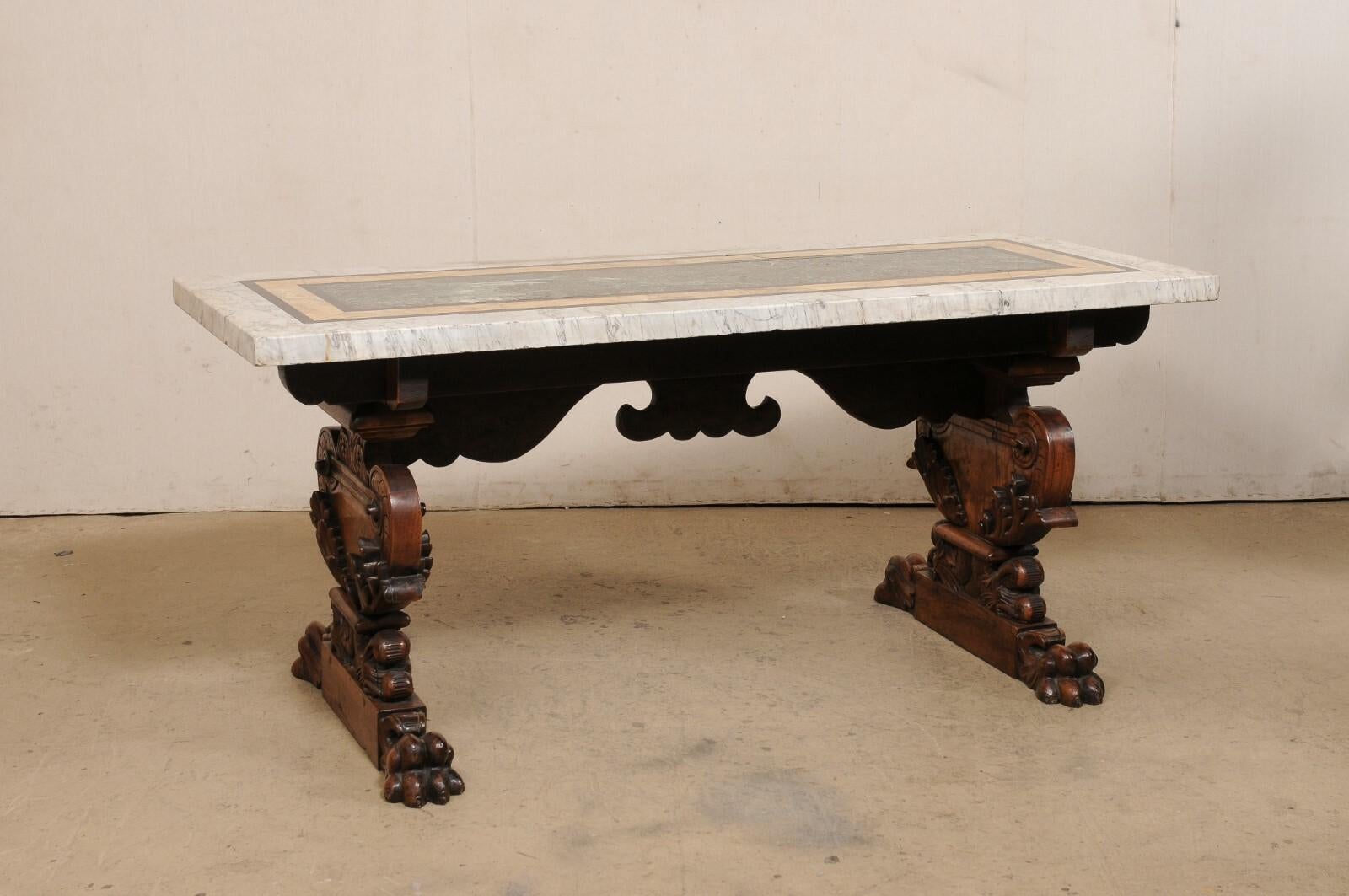 A Gorgeous 18th C Italian Inlaid Marble Top Table w/Robustly Carved Trestle Legs For Sale 6