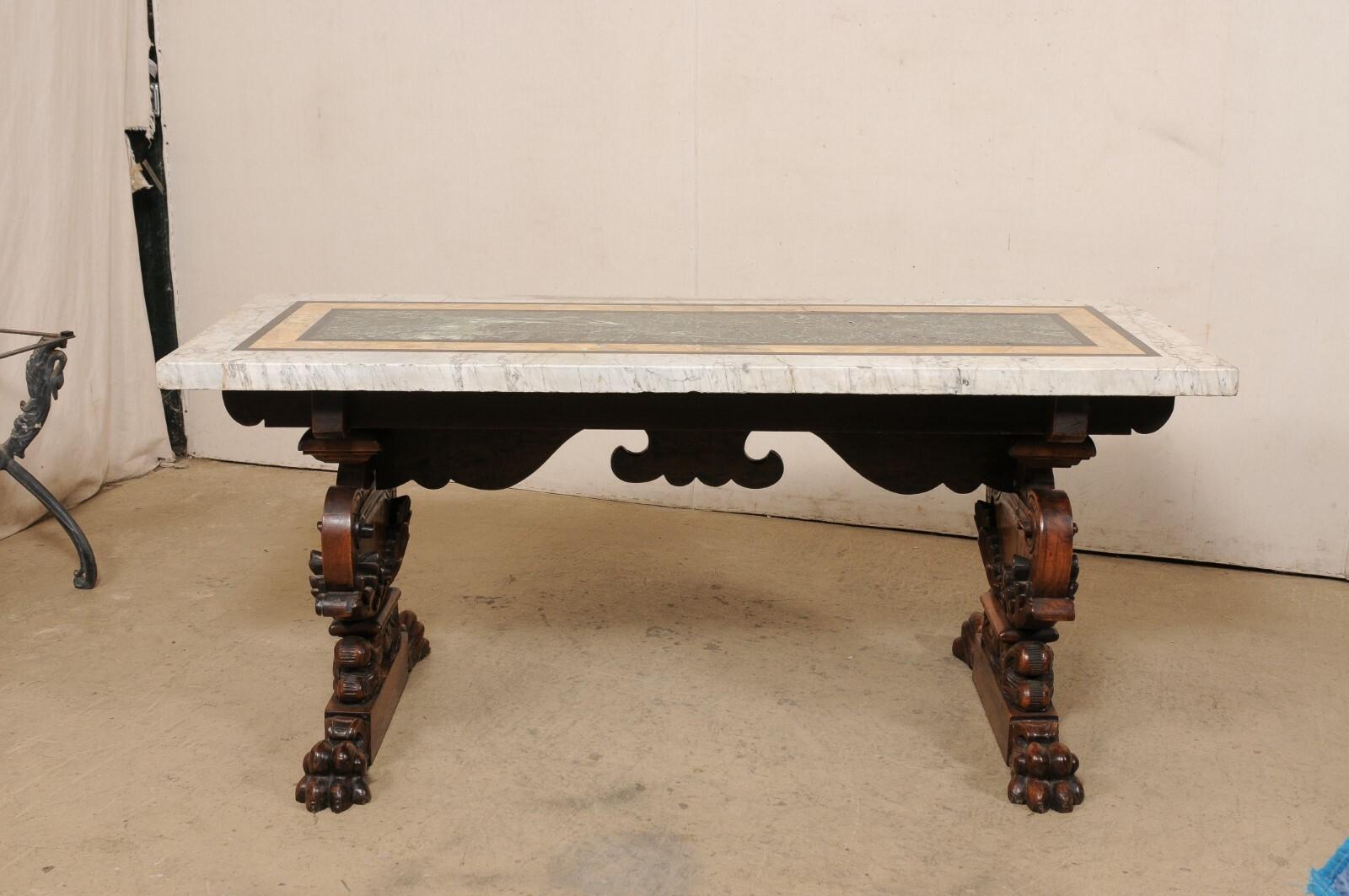 A Gorgeous 18th C Italian Inlaid Marble Top Table w/Robustly Carved Trestle Legs For Sale 1