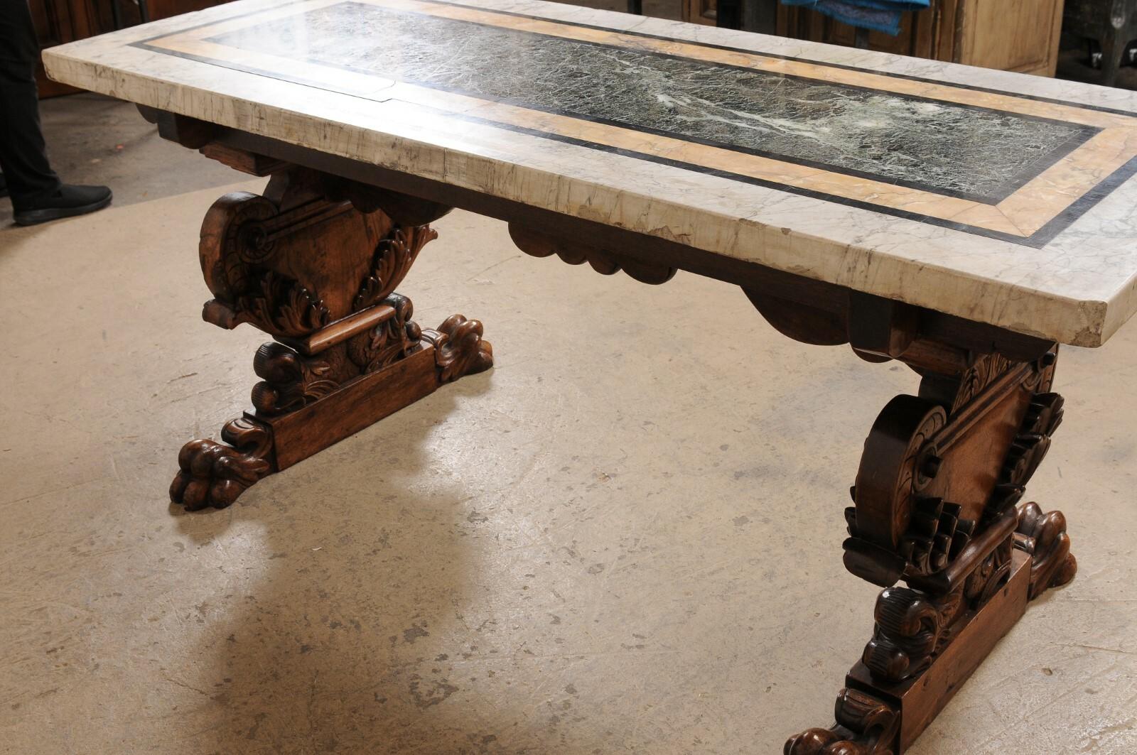 A Gorgeous 18th C Italian Inlaid Marble Top Table w/Robustly Carved Trestle Legs For Sale 2