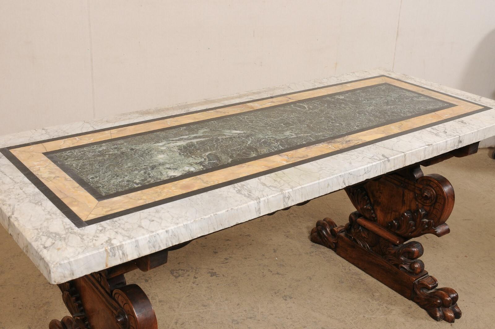A Gorgeous 18th C Italian Inlaid Marble Top Table w/Robustly Carved Trestle Legs For Sale 3
