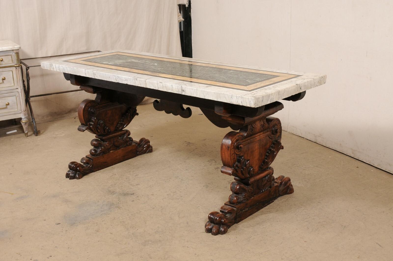 A Gorgeous 18th C Italian Inlaid Marble Top Table w/Robustly Carved Trestle Legs For Sale 4