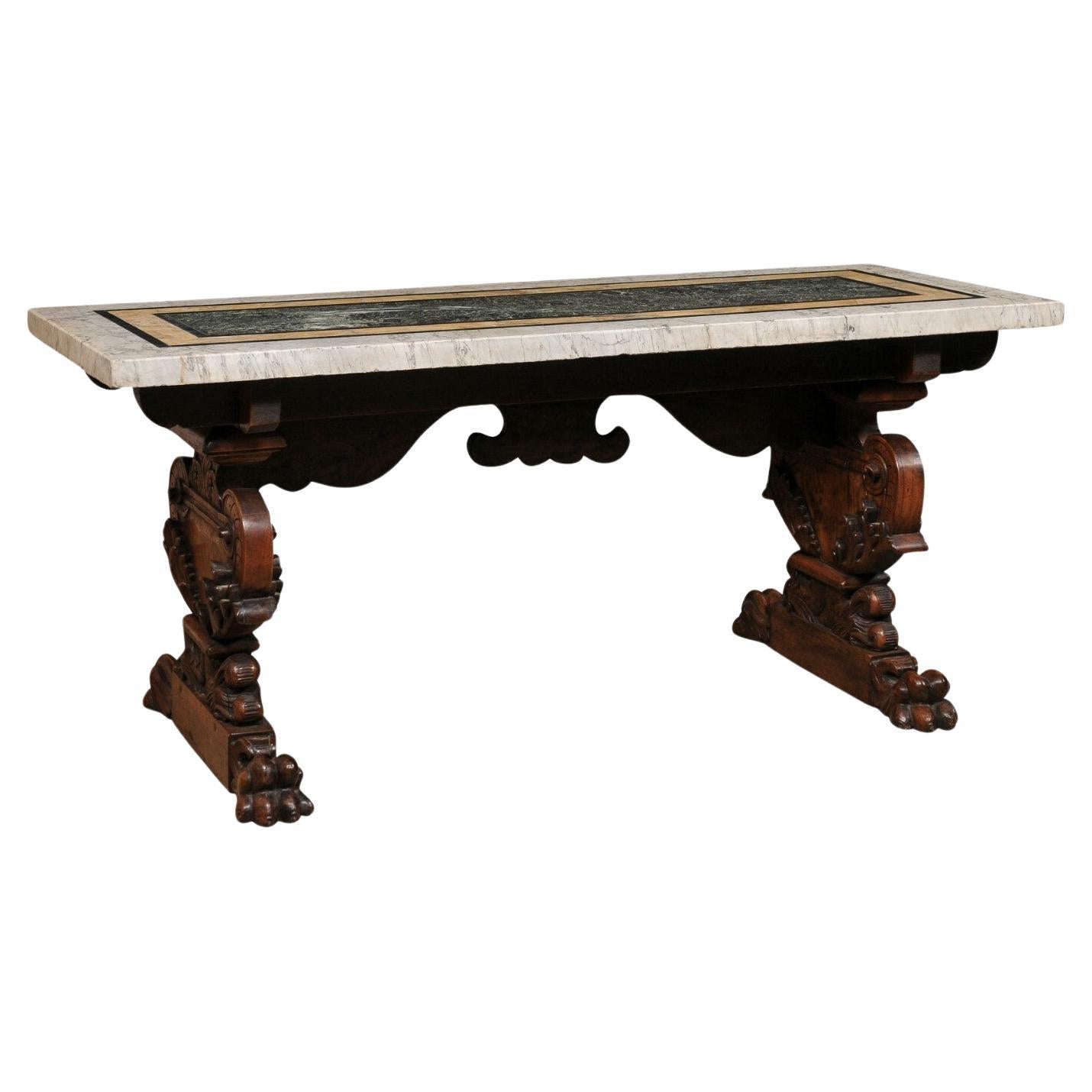 A Gorgeous 18th C Italian Inlaid Marble Top Table w/Robustly Carved Trestle Legs For Sale