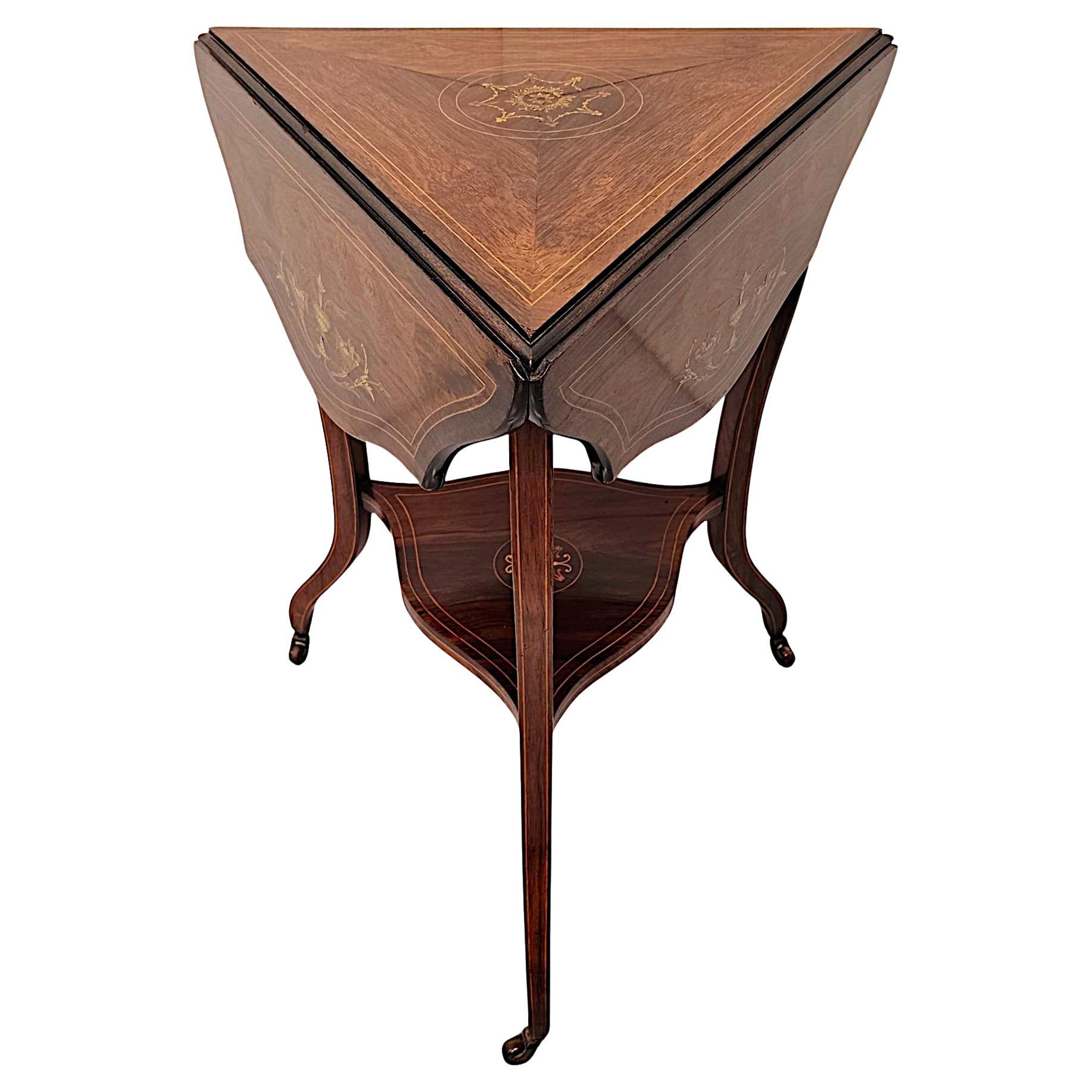 A Gorgeous 19th Century Inlaid Drop Leaf Triangular Occasional or Lamp Table For Sale