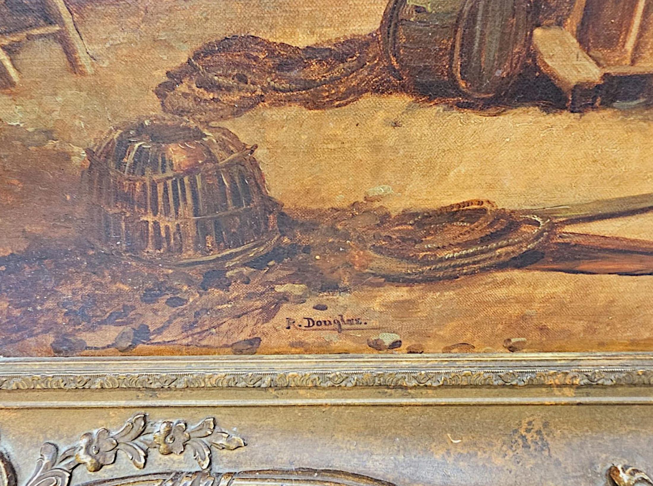 Magnifique huile sur toile du XIXe siècle représentant une scène maritime figurative avec un groupe de marins, de pêcheurs, de femmes et d'enfants sur une jetée au milieu d'habitations, de voiliers et d'un assortiment de filets et de paniers sur
