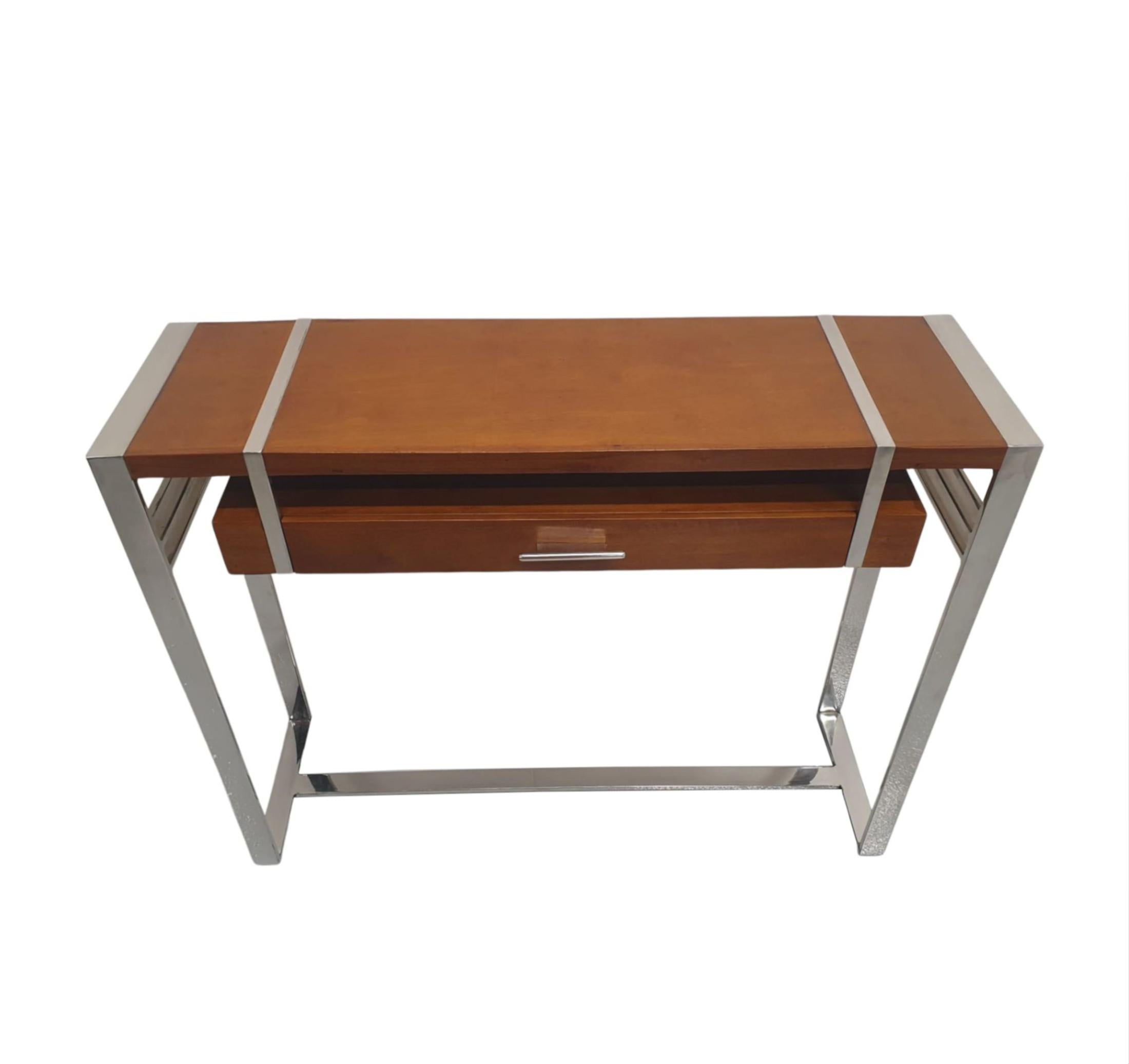 French A Gorgeous Art Deco Design Cherrywood and Chrome Console or Side Table  For Sale